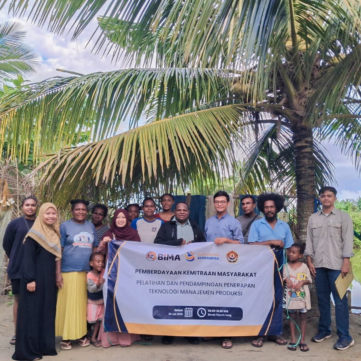 Group photo of women fisherman cooperative members working together in their natural beauty product workshop, showing traditional Indonesian coastal community spirit with ocean backdrop