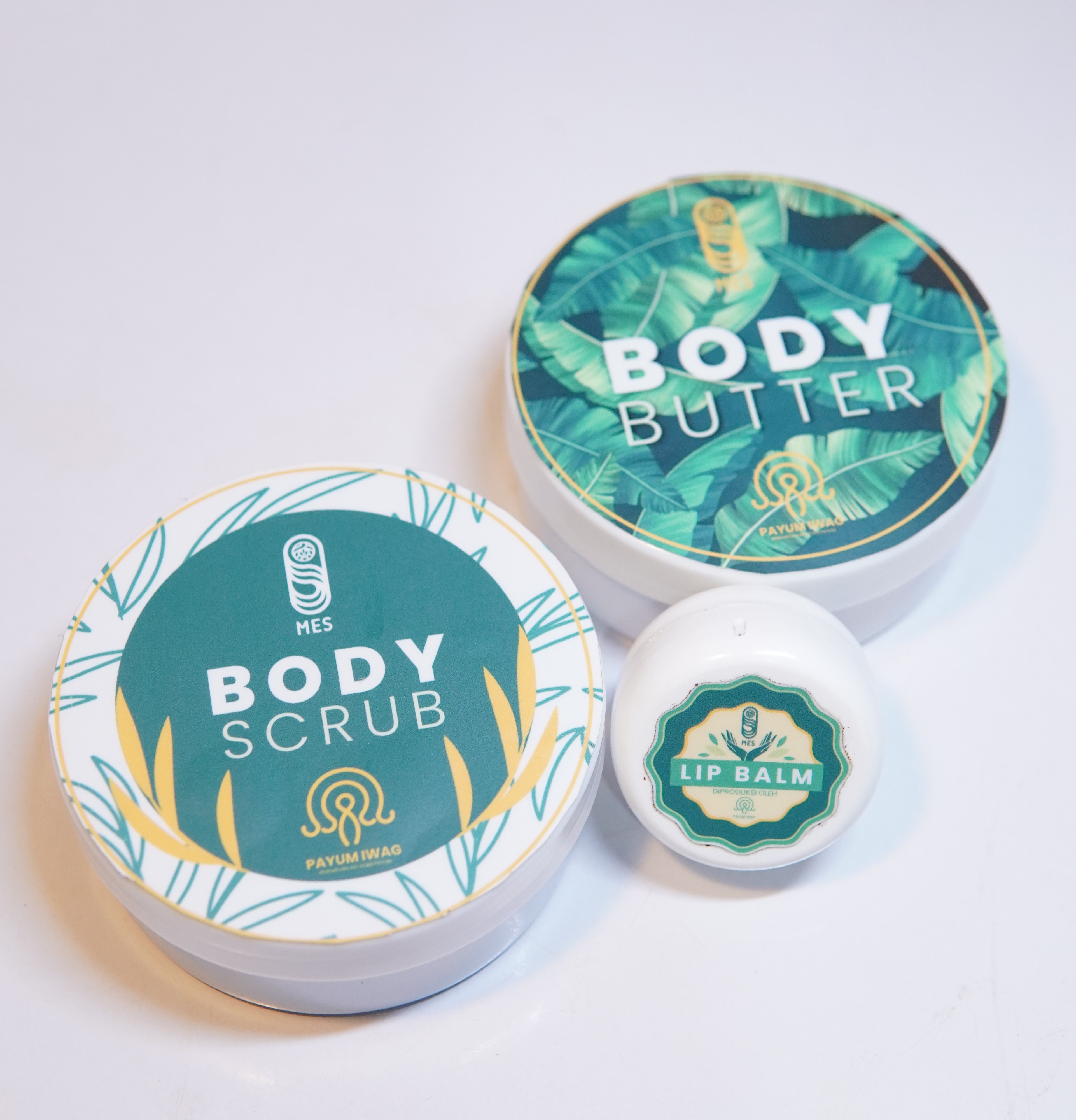 Collection of natural beauty care products including handmade soap bars, body scrub jars, body butter containers, and lip balm tubes arranged artistically with seashells and marine elements on a clean white background